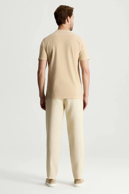 Saf Pamuk Bisiklet Yaka Bej T-Shirt