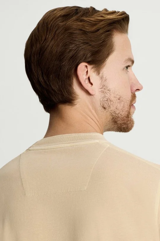 Saf Pamuk Bisiklet Yaka Bej T-Shirt