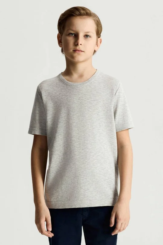 Saf Pamuk Bisiklet Yaka Gri Çocuk Triko T-Shirt