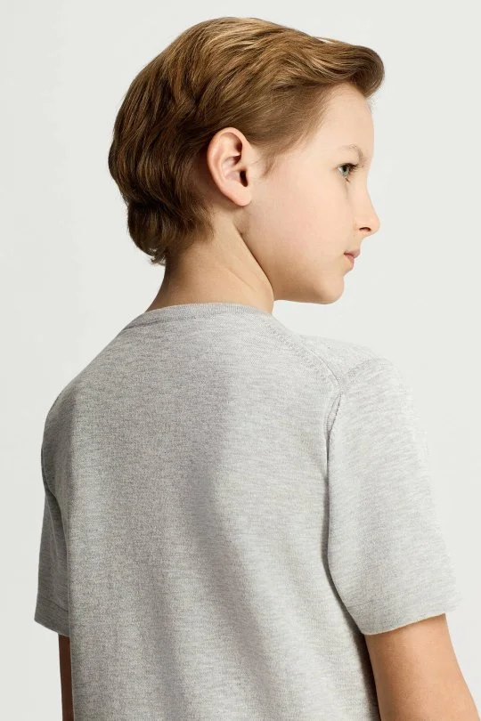 Saf Pamuk Bisiklet Yaka Gri Çocuk Triko T-Shirt