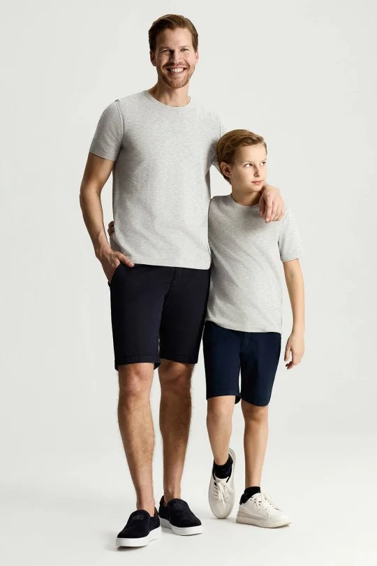 Saf Pamuk Bisiklet Yaka Gri Çocuk Triko T-Shirt