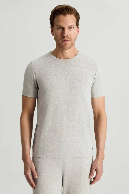 Saf Pamuk Bisiklet Yaka Gri Triko T-Shirt