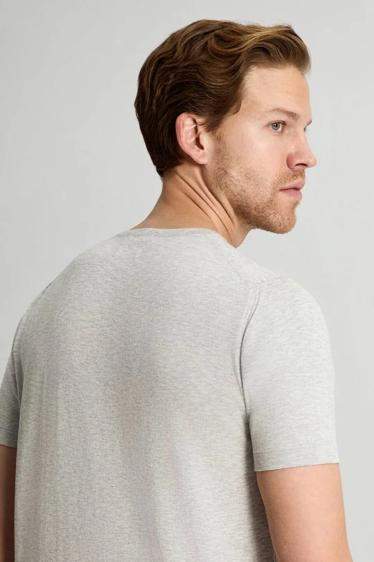 Saf Pamuk Bisiklet Yaka Gri Triko T-Shirt