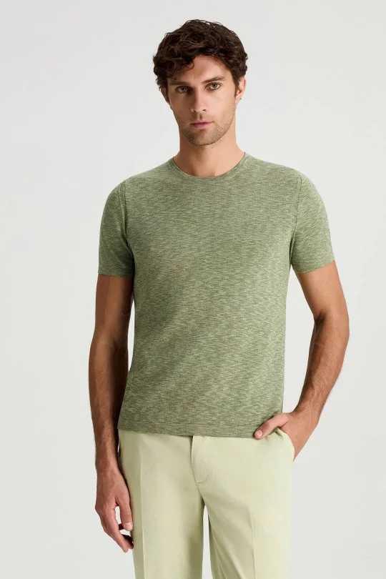 Hemington - Saf Pamuk Bisiklet Yaka Haki Triko T-Shirt (1)