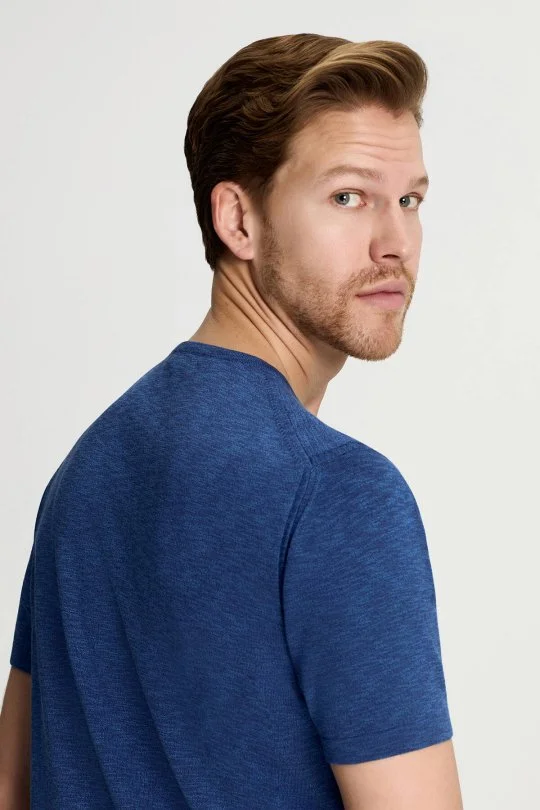 Hemington - Saf Pamuk Bisiklet Yaka Koyu Mavi Triko T-Shirt (4)