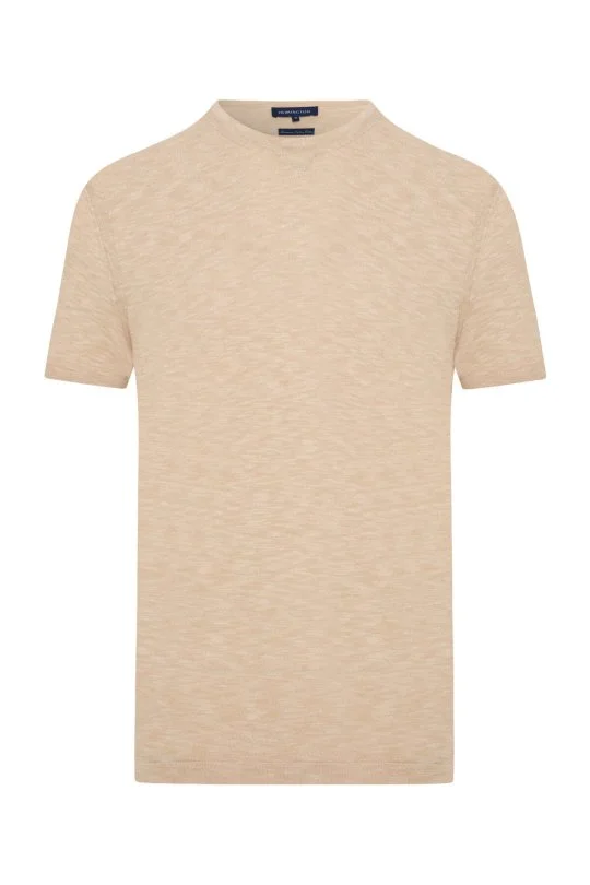 Saf Pamuk Bisiklet Yaka Krem Rengi Triko T-Shirt