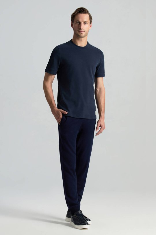 Saf Pamuk Bisiklet Yaka Lacivert Basic T-Shirt
