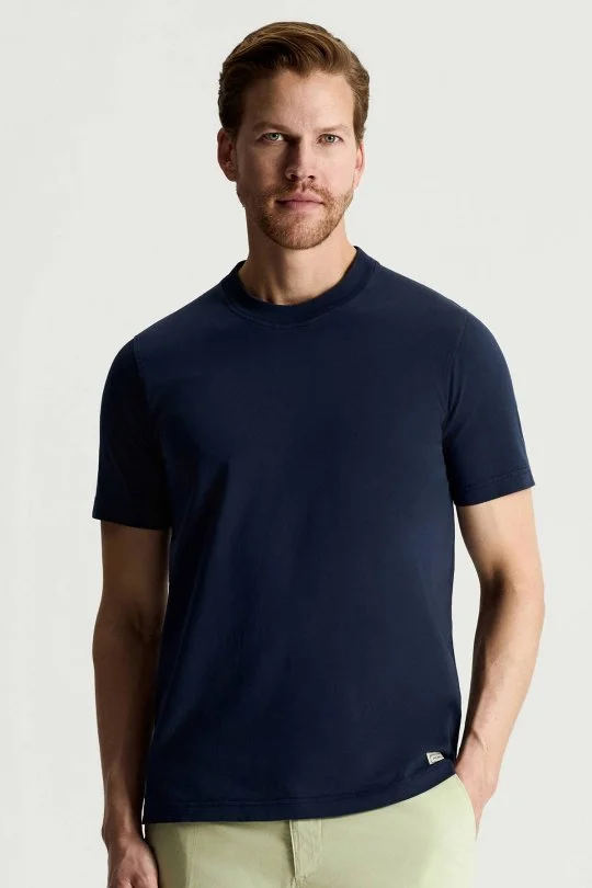 Saf Pamuk Bisiklet Yaka Lacivert T-Shirt