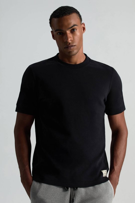 Saf Pamuk Bisiklet Yaka Siyah Basic T-Shirt