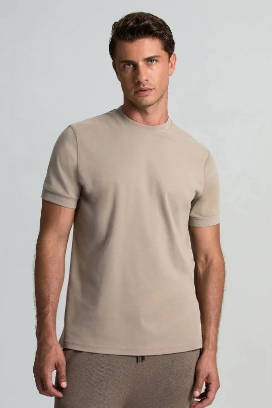 Hemington - Saf Pamuk Bisiklet Yaka Vizon Rengi Basic T-Shirt
