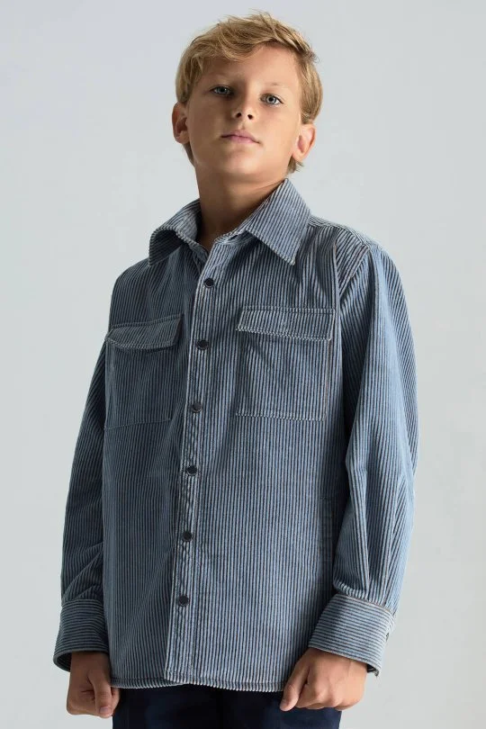 Hemington - Saf Pamuk Çizgi Desenli Açık Mavi Çocuk Ceket Gömlek
