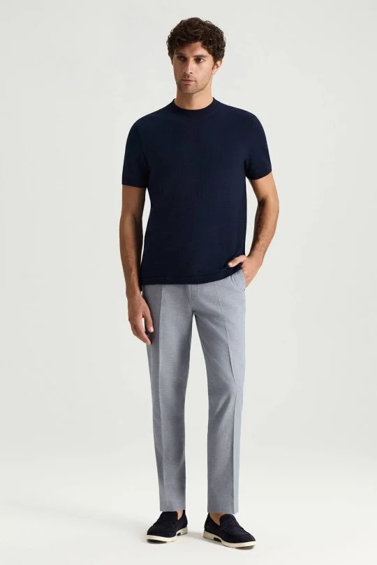 Saf Pamuk Jakar Desenli Bisiklet Yaka Lacivert T-Shirt