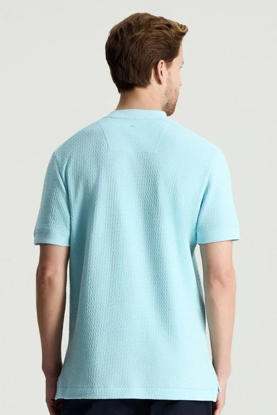 Saf Pamuk Jakar Desenli Bisiklet Yaka Mavi T-Shirt