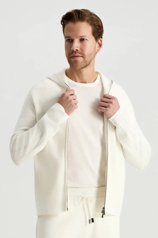 Hemington - Saf Pamuk Kapüşonlu Slim Fit Beyaz Hırka (1)