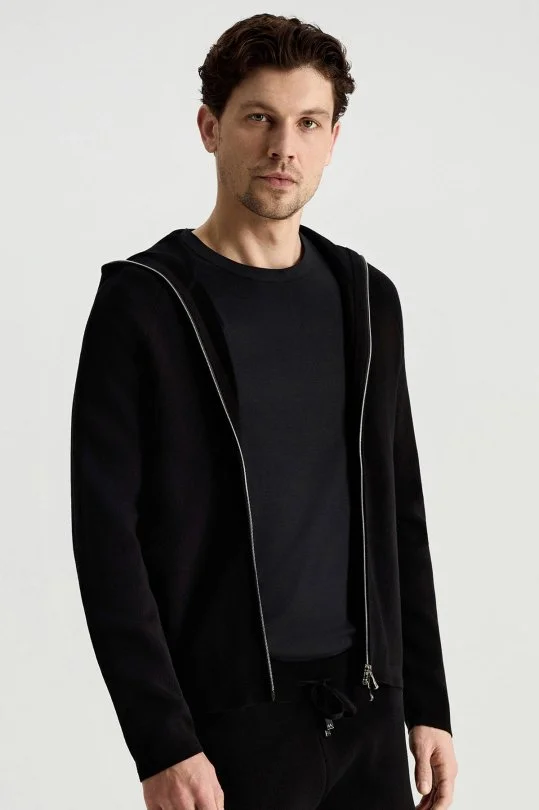 Hemington - Saf Pamuk Kapüşonlu Slim Fit Siyah Hırka (1)