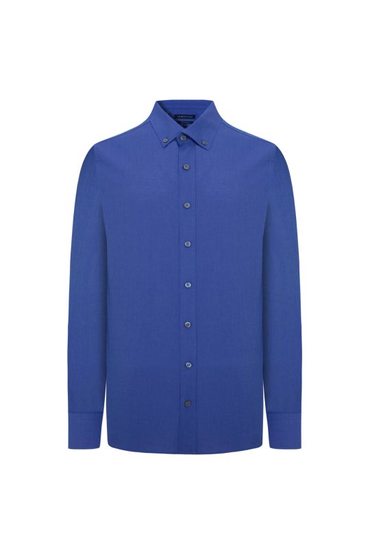 Saf Pamuk Düğmeli Koyu Mavi Oxford Gömlek