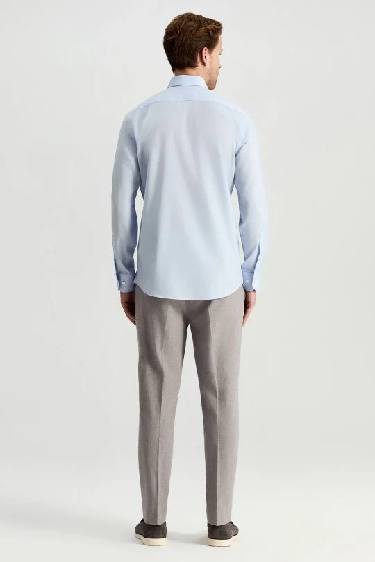 Hemington - Saf Pamuk Kuş Gözü Dokulu Non-Iron Gizli Düğme Açık Mavi Gömlek (5)