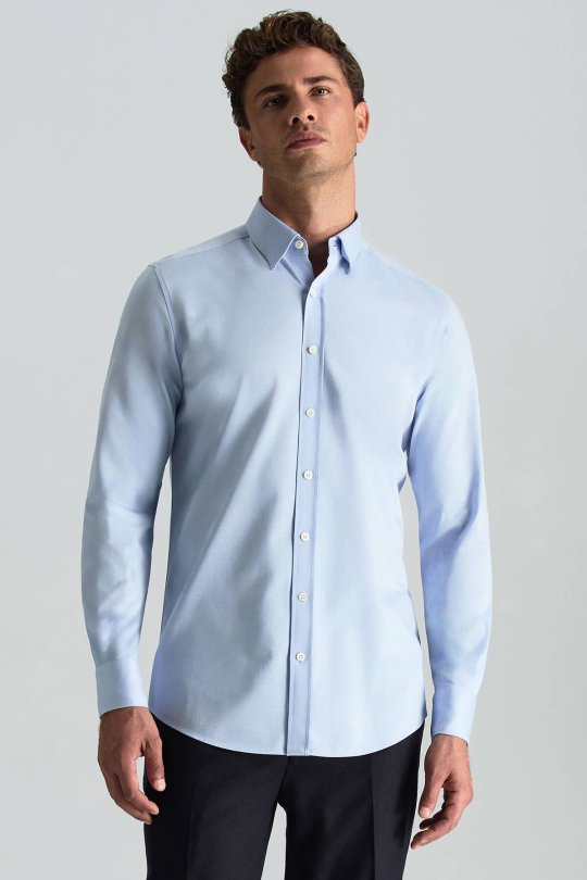 Gizli Düğme Pamuk Mavi Gömlek