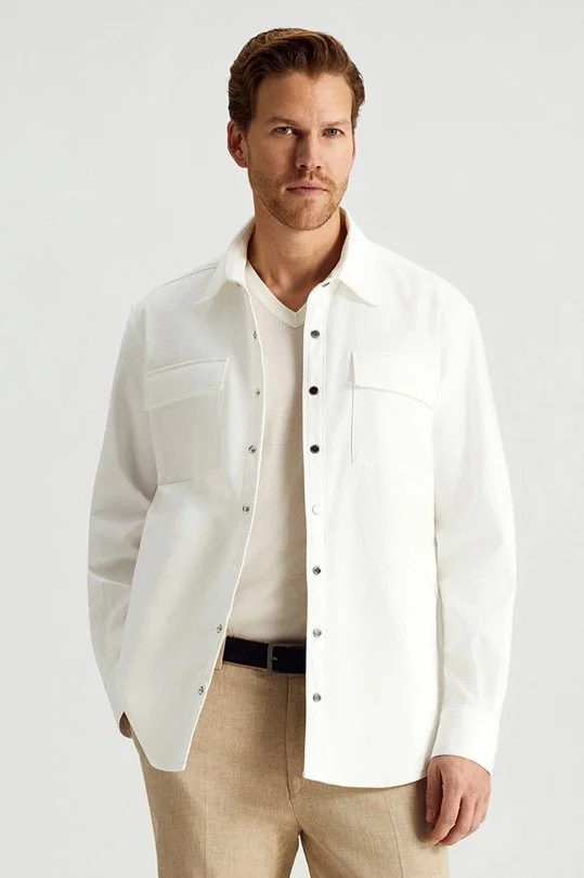 Hemington - Saf Pamuk Metal Düğmeli Beyaz Ceket Gömlek (2)