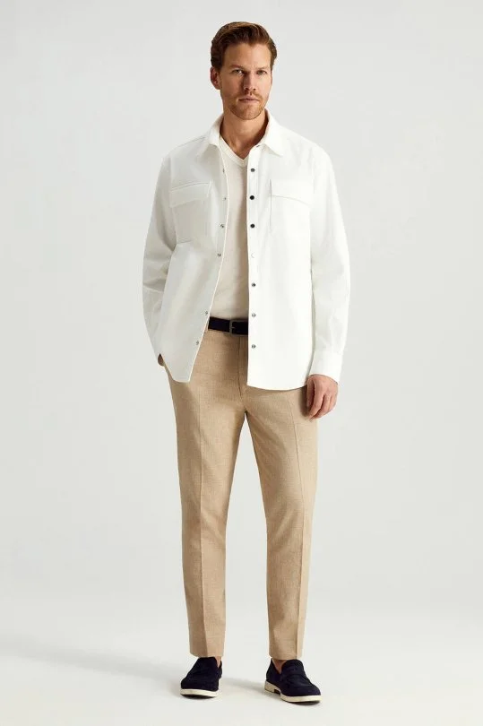 Hemington - Saf Pamuk Metal Düğmeli Beyaz Ceket Gömlek (4)