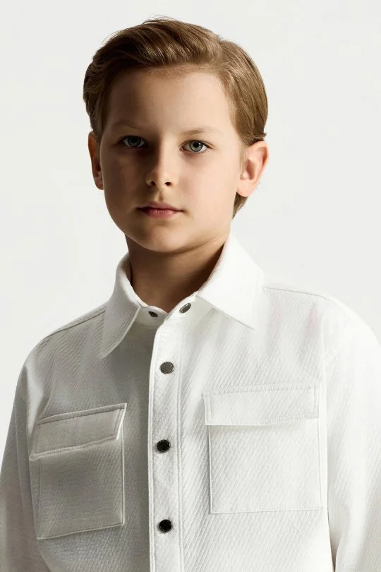 Hemington - Saf Pamuk Metal Düğmeli Beyaz Çocuk Ceket Gömlek (1)