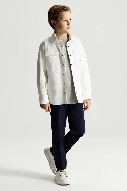 Hemington - Saf Pamuk Metal Düğmeli Beyaz Çocuk Ceket Gömlek (3)