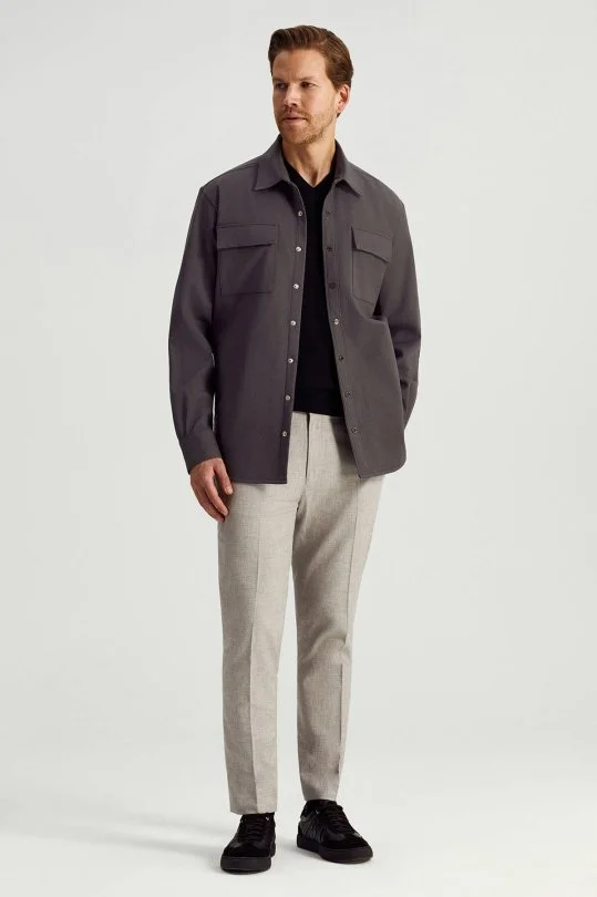 Hemington - Saf Pamuk Metal Düğmeli Gri Ceket Gömlek (3)