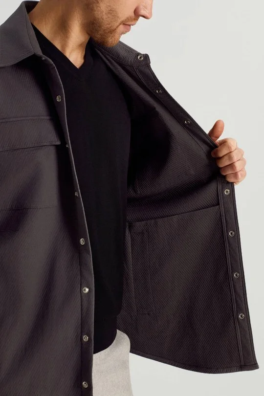 Hemington - Saf Pamuk Metal Düğmeli Gri Ceket Gömlek (2)