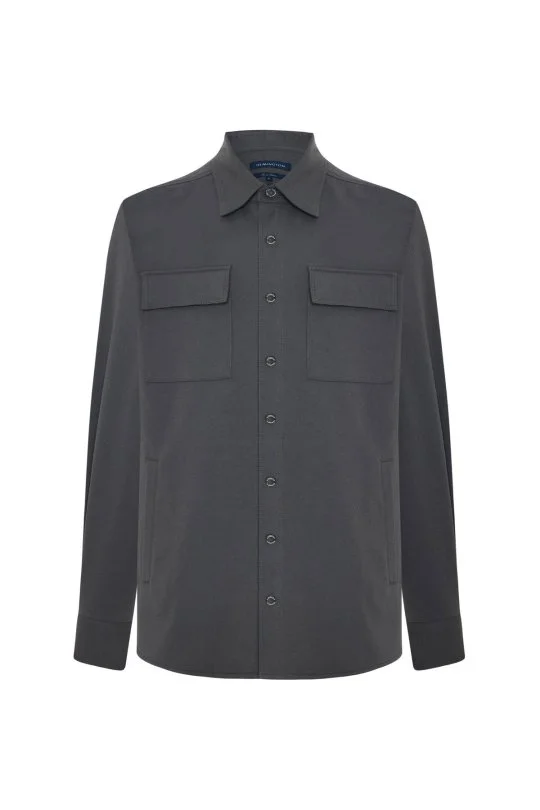 Hemington - Saf Pamuk Metal Düğmeli Gri Ceket Gömlek (6)