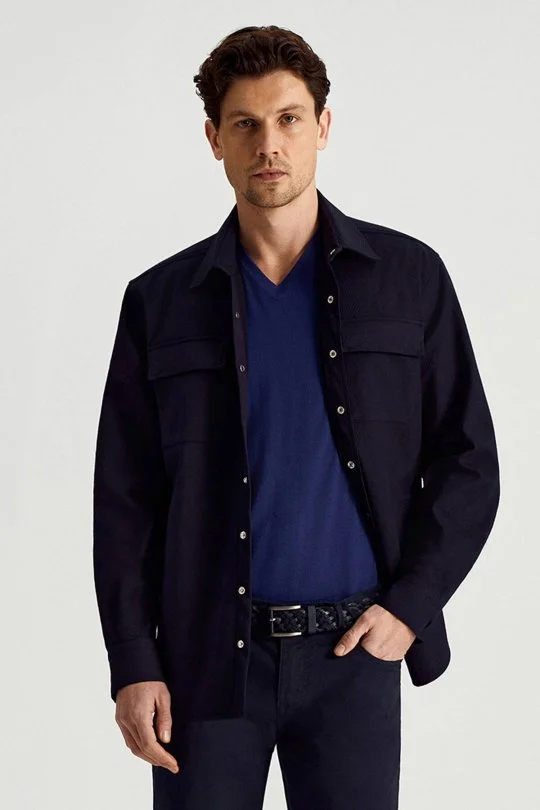 Hemington - Saf Pamuk Metal Düğmeli Lacivert Ceket Gömlek (1)