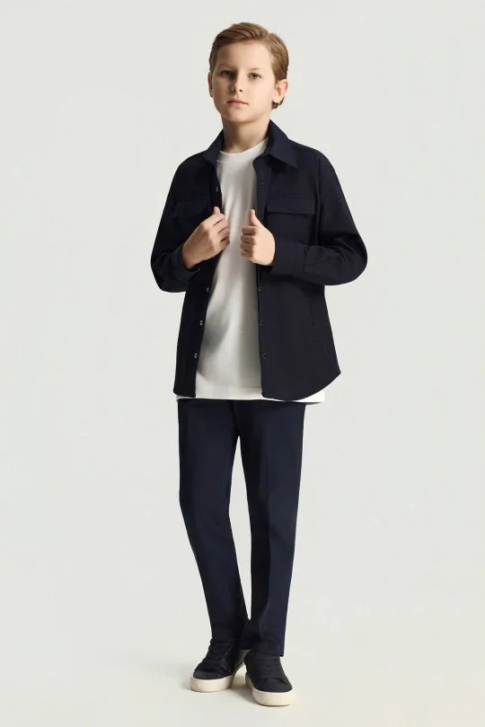 Saf Pamuk Metal Düğmeli Lacivert Çocuk Ceket Gömlek