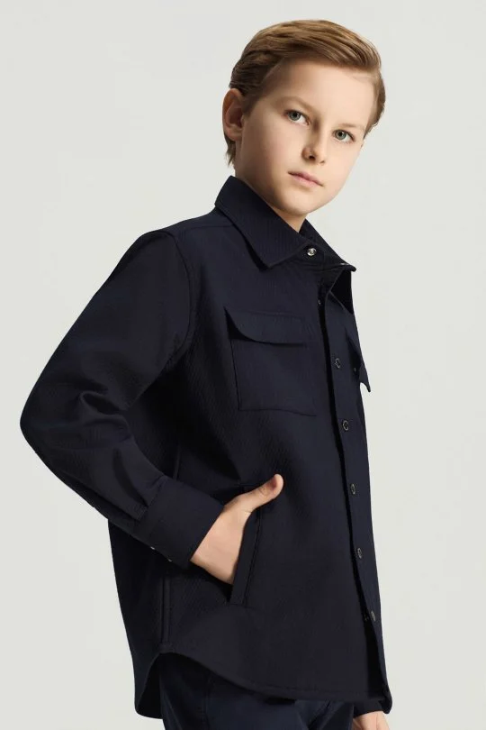 Saf Pamuk Metal Düğmeli Lacivert Çocuk Ceket Gömlek