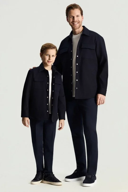 Saf Pamuk Metal Düğmeli Lacivert Çocuk Ceket Gömlek