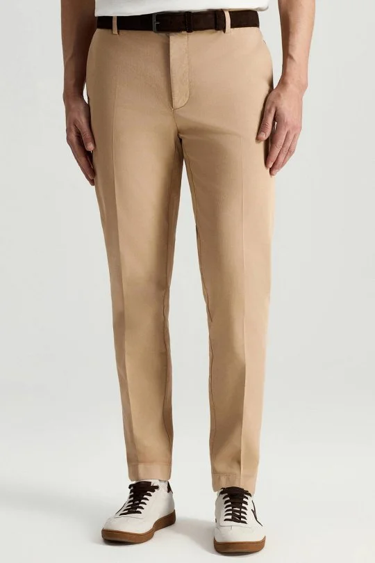 Hemington - Saf Pamuk Mikro Desenli Bej Relax Chino Pantolon (2)