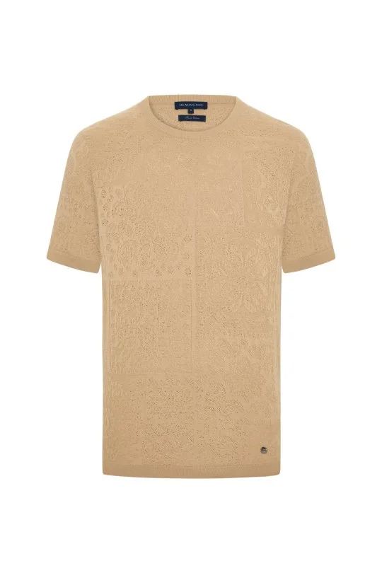 Hemington - Saf Pamuk Paisley Desen Bisiklet Yaka Bej Triko T-Shirt (6)