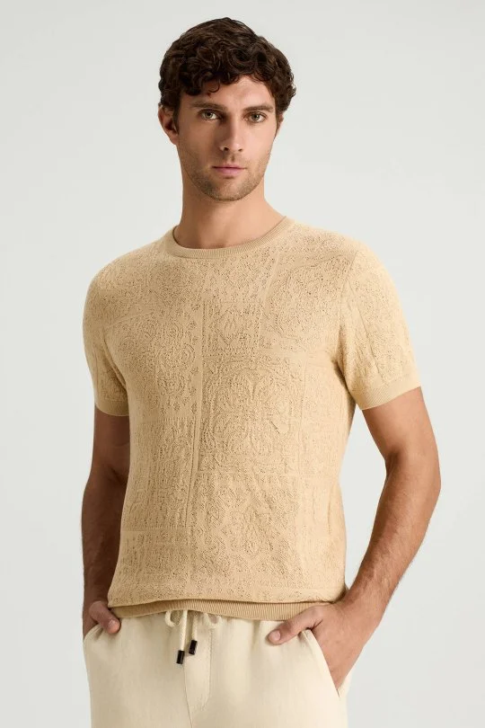 Hemington - Saf Pamuk Paisley Desen Bisiklet Yaka Bej Triko T-Shirt (1)