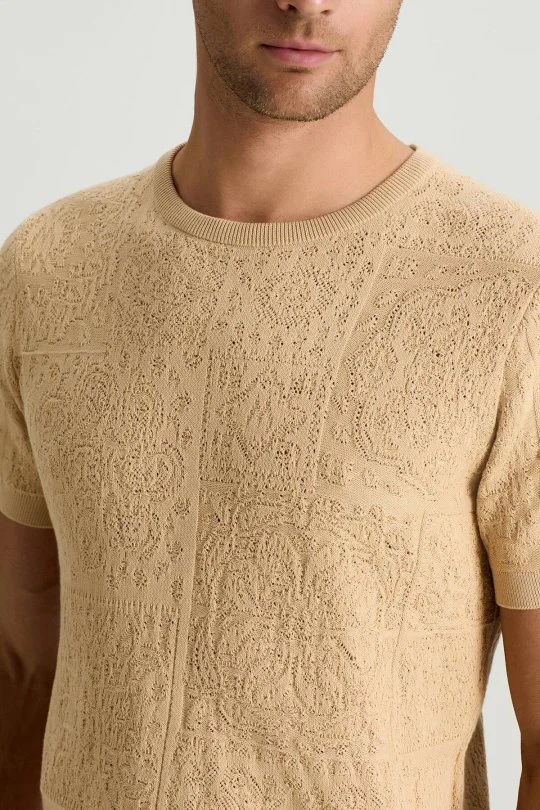 Hemington - Saf Pamuk Paisley Desen Bisiklet Yaka Bej Triko T-Shirt (3)