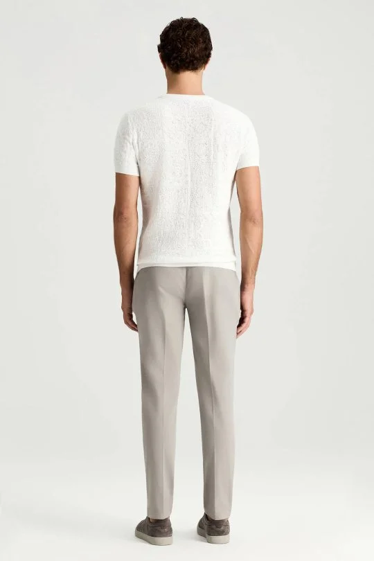 Saf Pamuk Paisley Desen Bisiklet Yaka Beyaz Triko T-Shirt