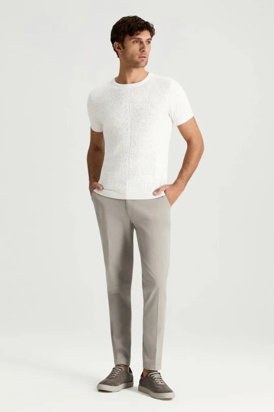 Saf Pamuk Paisley Desen Bisiklet Yaka Beyaz Triko T-Shirt