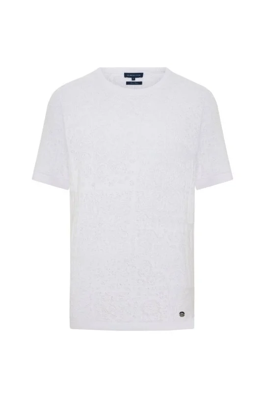 Saf Pamuk Paisley Desen Bisiklet Yaka Beyaz Triko T-Shirt