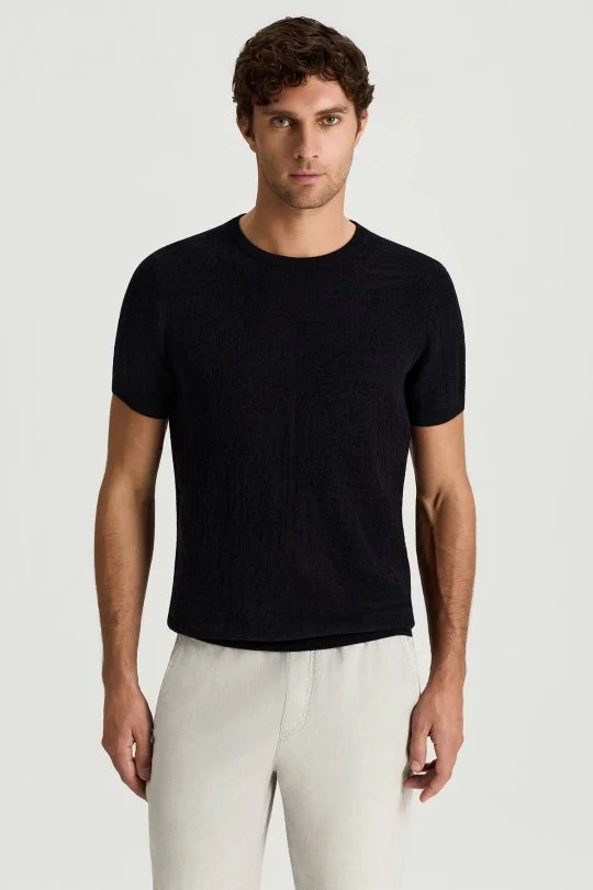 Saf Pamuk Paisley Desen Bisiklet Yaka Siyah Triko T-Shirt