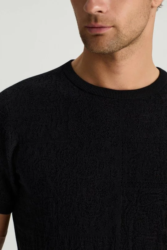 Saf Pamuk Paisley Desen Bisiklet Yaka Siyah Triko T-Shirt