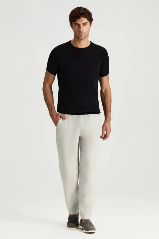 Saf Pamuk Paisley Desen Bisiklet Yaka Siyah Triko T-Shirt