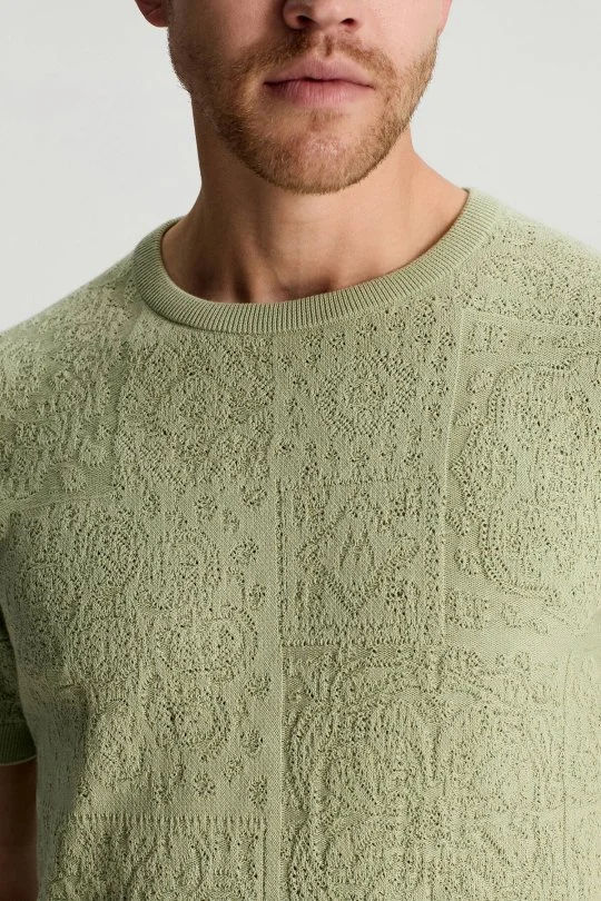 Hemington - Saf Pamuk Paisley Desen Bisiklet Yaka Yeşil Triko T-Shirt (3)