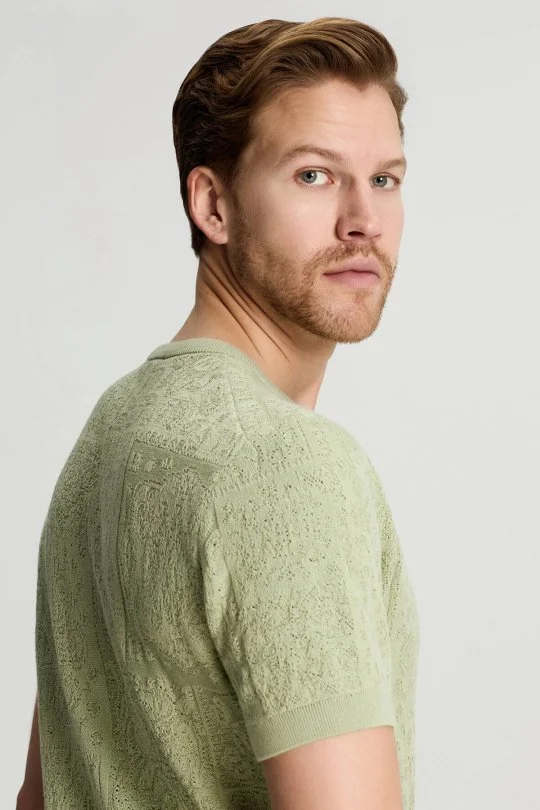 Hemington - Saf Pamuk Paisley Desen Bisiklet Yaka Yeşil Triko T-Shirt (4)