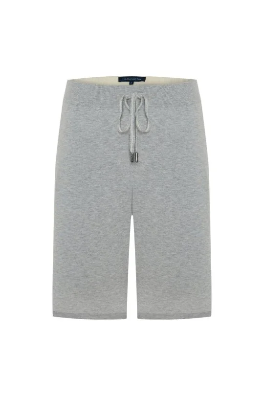 Saf Pamuk Şerit Detaylı Cepleri Fermuarlı Açık Gri Triko Şort