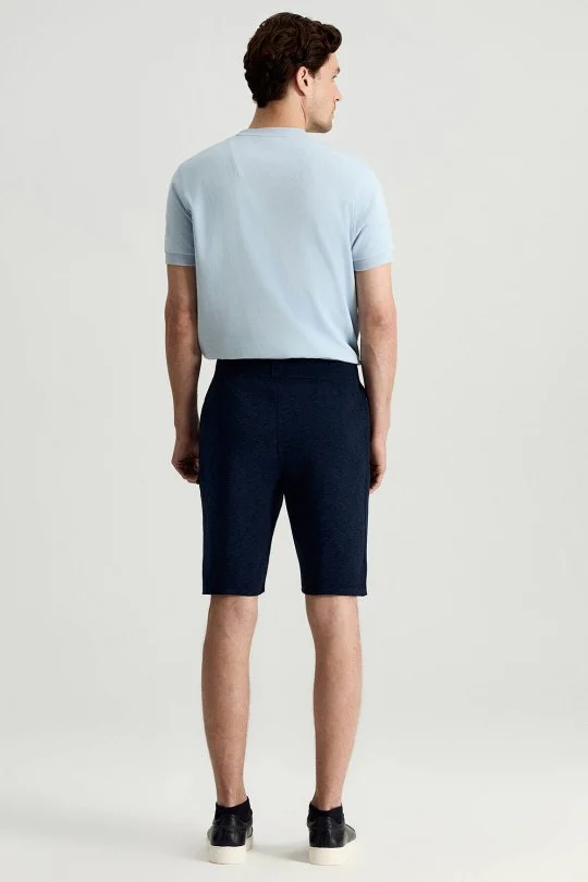 Saf Pamuk Şerit Detaylı Cepleri Fermuarlı Lacivert Triko Şort