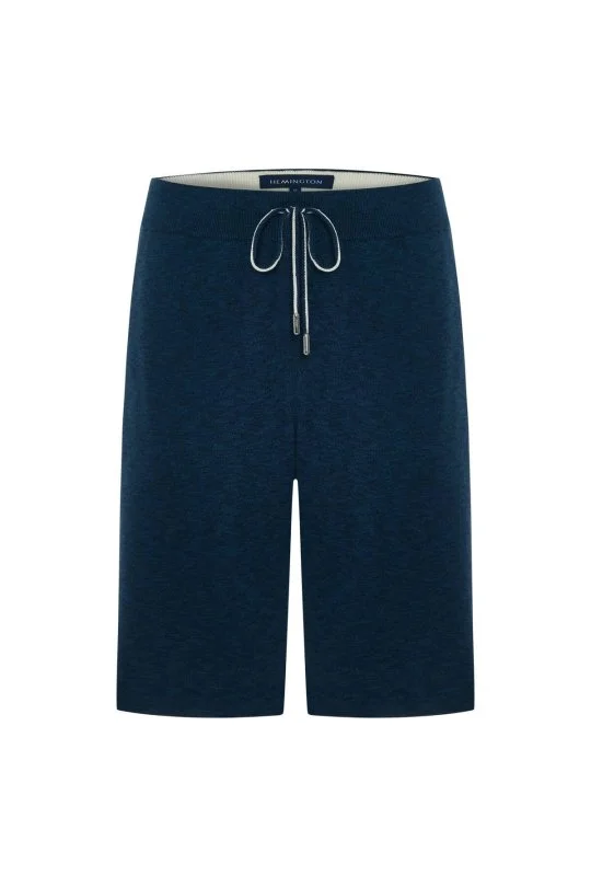 Saf Pamuk Şerit Detaylı Cepleri Fermuarlı Lacivert Triko Şort