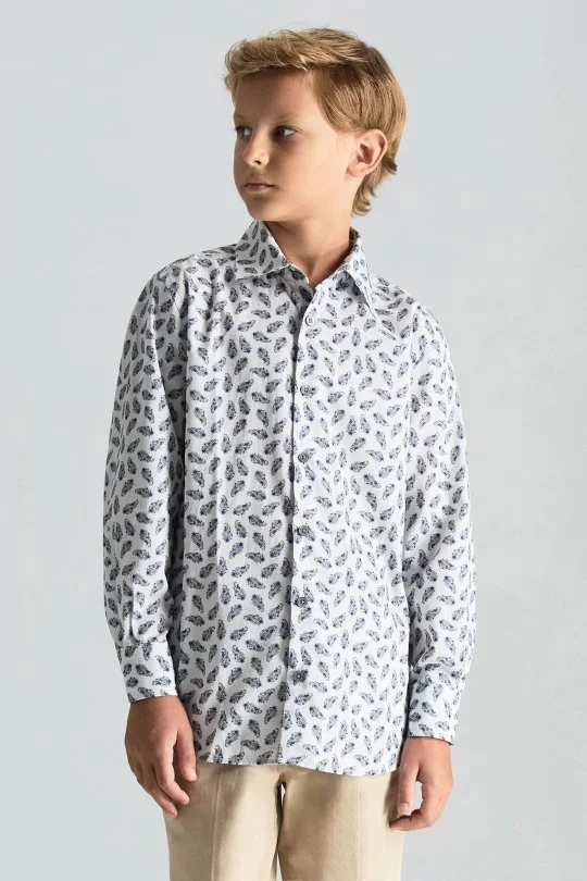 Hemington - Paisley Desen İtalyan Yaka Beyaz-Mavi Saf Pamuk Çocuk Gömlek