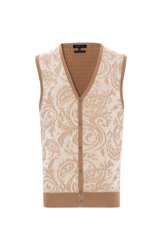 Şal Desen Camel Merino Yün Triko Yelek